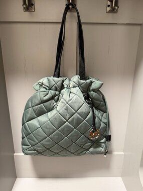 Michael Kors Sage Green Nylon Quilted Drawstring Tote Shoulder Bag with MK charm